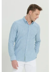 AC&Co / Altınyıldız Classics Men's Green 100% Cotton Slim Fit Slim Fit Hidden Button Collar Linen Look Flame Shirt