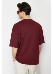  Collection تي شيرت أحمر كلاريت كبير الحجم 100% بياقة دائرية ونص بسيط