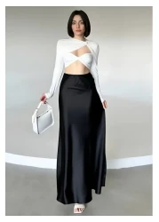 Ezva Women's Stylish Satin Belt Elastic 85 cm Flared Maxi Length Skirt