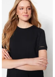  Collection Black 100% Cotton Basic Crew Neck Knitted T-Shirt with Embroidery Detail TWOSS23TS00012