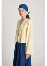 minaaise Women's Yellow Poplin Front Tie Blouse 29085