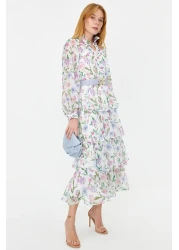  Modest Blue Belted Lined Chiffon Floral Woven Dress TCTSS24EB00024