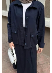 lamelif Pocket Detailed Double Skirt Hijab Suit Navy Blue