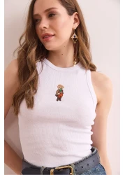 Olalook Women's White Embroidery Detailed Lycra Camisole Blouse Blz- 19002923