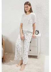  Collection White-Blue Floral Single Jersey Knitted Pajamas Set Thmss25Pt00212