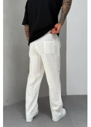 MADZEYMODA بنطلون كتان رجالي أبيض فضفاض KE-7014