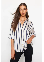  Collection Ecru Satin Oversize Shirt - Wide Fit, Striped TWOAW24GO00016