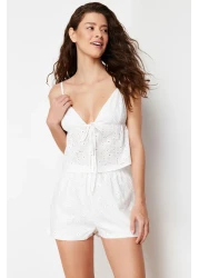  Collection White Floral Lined Self Pattern Shorts Woven Pajamas Set Thmss24Pt00075