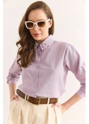 Olalook Women's Lilac Collar Stone and Sequin Detailed Flam Linen Shirt Gml-19001321