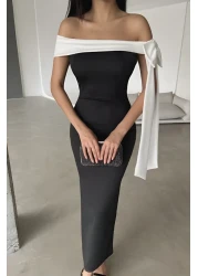  Collection Black-And-White Body-Fitting Shoulder Bow Detail Knitted Stylish Evening Dress Night Graduation Dress Tprss25El00293