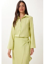 Happiness İstanbul Women's Pistachio Green Linen Shirt Skirt Suit Fn03475