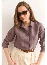 Olalook Women's Mink Transparent Striped Regular Fit Draped Shirt Gml-19001334