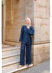 LOCCO بدلة نسائية ذات طية صدر مزدوجة باللون الأزرق الداكن