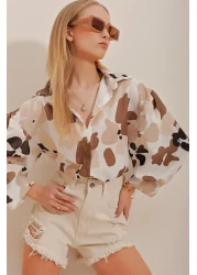 Trend Alaçatı Stili Women's Beige Princess Ethnic Patterned Flaming Linen Woven Shirt ALC-X10398