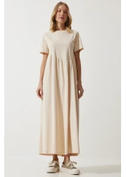 Happiness İstanbul Women's Vanilla Gathered Long Knitted Dress MC00272