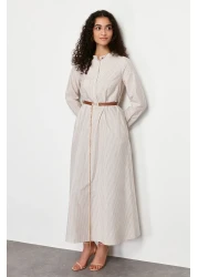  Modest Beige Striped Belt Detailed Woven Dress TCTSS24EB00171