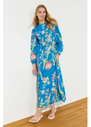  Modest Saks Floral Patterned Woven Linen Look Dress TCTSS24EB00102