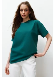  Collection Emerald Green 100% Cotton Back Slogan Printed Oversize/Wide Fit Knitted T-Shirt TWOSS24TS00091