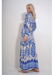 Trend Alaçatı Stili Women's Blue Magnifying Collar Buttoned Skirt Flounced Patterned Maxiboy Dress ALC-X12037