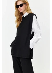  Modest Black Linen Look Side Tie Woven Bottom Top Set TCTSS24US0001