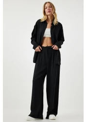 Happiness İstanbul Women's Black Seasonal Woven Shirt Palazzo Trousers Set RV00174