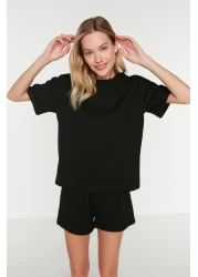  Collection Black Waffle Fabric Knitted Pajamas Set with Shorts Thmss22Pt0524