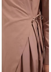  Modest Camel Double Breasted Closure Pleated Cotton Woven Dress Tctss25Eb00065