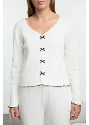  Collection White Cotton Lace and Ribbon/Bow Detail Ribbed Knitted Pajamas Set Thmaw25Pt00206