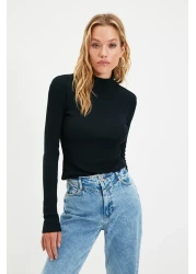  Collection Black Fitted High Collar Long Sleeve Ribbed Stretchy Knitted Blouse TWOAW21BZ0423