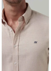 D'S Damat قميص أكسفورد قطني بيج بقصة ضيقة - سهل الكي وياقة بأزرار وتفاصيل مطرزة