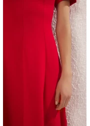 Collection Red Skirt Waist Opening Midi Woven Dress Twoss25El00790