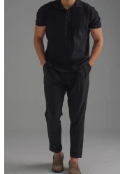 Tarz Cool تي شيرت بولو بياقة مطرزة باللون الأسود للرجال