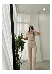 butik derin Cotas Linen Shirt Jacket Trousers Women's Set Stone