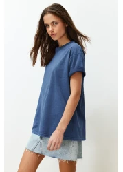  Collection Indigo 100% Cotton Faded Effect Back Printed Boyfriend Crew Neck Knitted T-Shirt TWOSS23TS00109