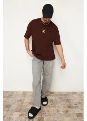  Collection Oversize Dark Brown Deer Embroidered Cotton T-Shirt - TMNSS24TS00055