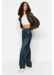  Collection جينز كاربنتر باللون الأزرق الداكن عالي الخصر - قصة فضفاضة مع تأثير الغسيل TWOAW24JE00308