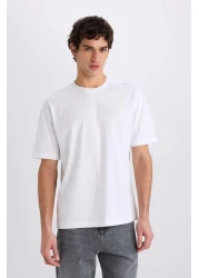 Defacto Oversize Wide Fit Crew Neck Basic Plain Short Sleeve White T-Shirt E6885Axns
