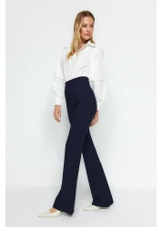  Collection Navy Blue Spanish Leg Flare Woven Fabric Trousers Tofaw19Bb0581