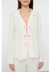 Collection Viscose Pajama Set - Ecru Ribbon, Bow and Piping Detail Thmaw25pt00032