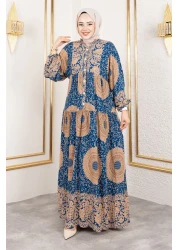 Tesettür Dünyası فستان فيسكوز منقوش بالورق TSD250191 نيلي