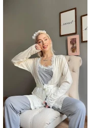 Pijamaevi Cream Gray Star Patterned Bamboo Dressing Gown Women's Pajama Set