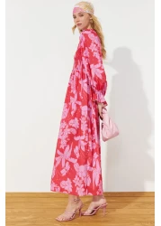  Modest Red Floral Printed Plus Size Elastic Woven Dress TCTSS24EB00109