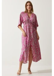 Happiness İstanbul فستان فيسكوز صيفي منقوش بياقة ملفوفة باللون الوردي والرمادي للنساء DK00166