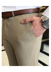 TerziAdemAltun Italian Cut Slim Fit Men's Striped Trousers Camel T9450