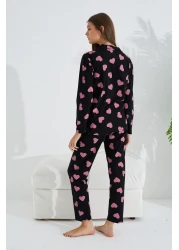 Siyah İnci black and pink heart patterned cotton button-down pajama set