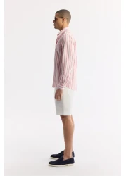 Avva Men's Red Comfort Fit 100% Cotton Button Collar Linen Textured Striped Shirt A51Y2167