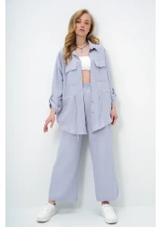 Trend Alaçatı Stili بدلة سفاري نسائية رمادية بجيب مزدوج وبنطلون Aerobin واسع الساق بخصر مطاطي Ymx8448