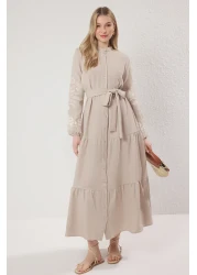  Modest Stone Linen Look Woven Dress with Handle Embroidery Detail Tctss25Eb00116