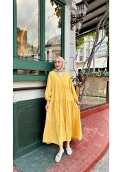 LOCCO فستان نسائي مطرز بالزهور الذهبية باللون الأصفر