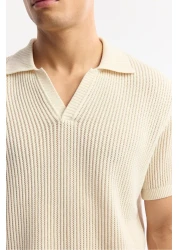 Avva Men's Beige 100% Cotton Polo Neck Buttonless Openwork Knitwear T-Shirt A51Y5166